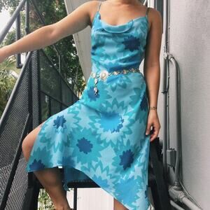 Y2K style Express blue floral cowel neck summer dress